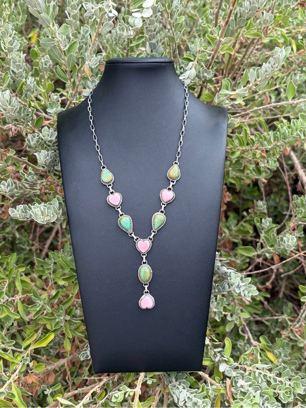 Kingman Turquoise & Pink Conch Lariat 925 sterling silver handmade Southwest